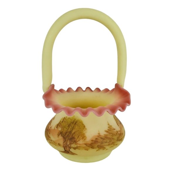 Fenton Art Glass Burmese Ruffled Handled Basket Trees Birds Artist Signed VTG - Picture 2 of 9